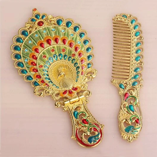 Elegant Shiny Gold Plating Peacock Design Green Red Blue Hand Painted and Jeweled Foldable Metal Alloy Hand Mirror and Comb Set
