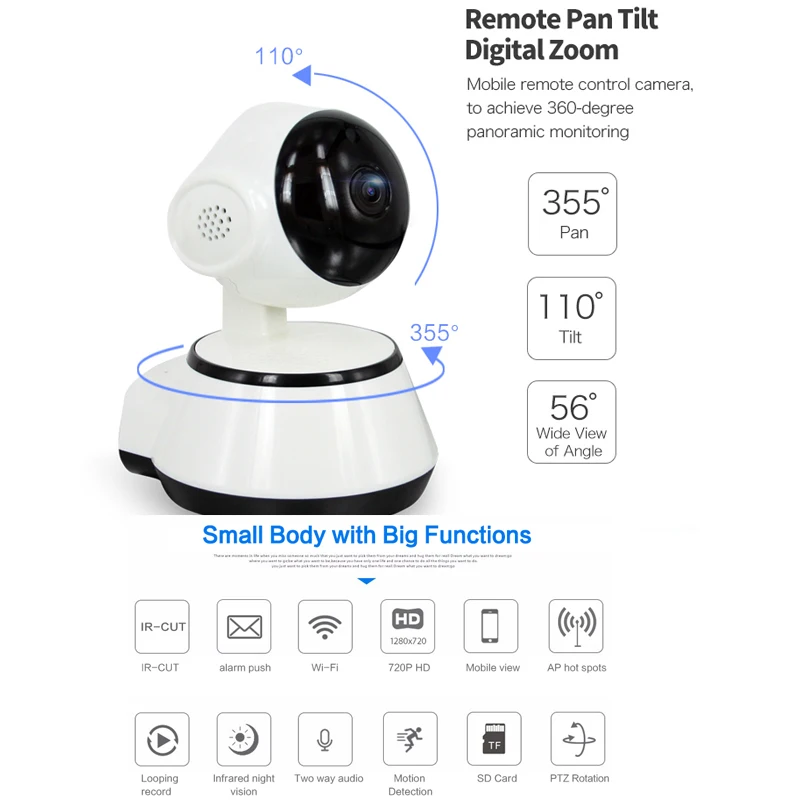 

New IR Night Vision 720P 24 Hours HD Video CCTV Wifi IP Wireless Security Camera Support Pan 355 Degree Camera