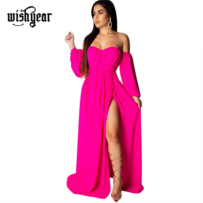 

WishyearOff Shoulder Lantern Sleeve Maxi Summer Beach Dress With Underwear Women Sexy High Slit Long Club Party Dresses Vestidos