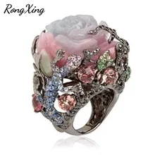 RongXing, уникальный цветок розы, лунный камень, кольца для женщин, винтажная мода, Черное золото, заполненный камень, кольцо для женщин, Boho, ювелирное изделие, подарок