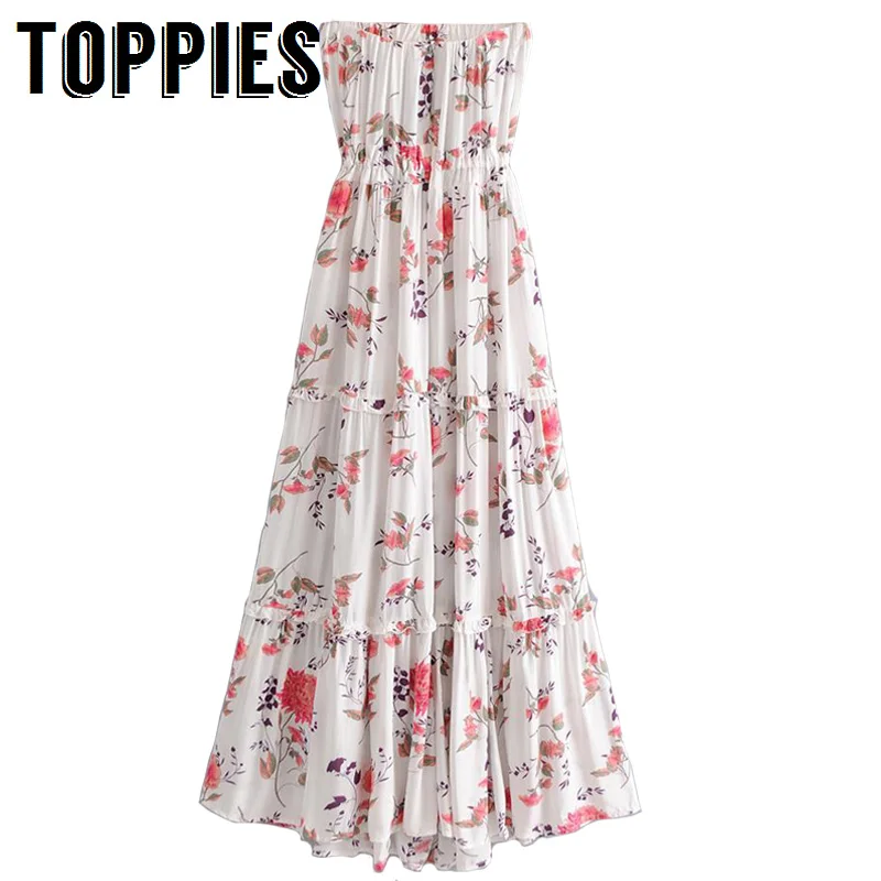 

2019 Summer Strapless Dress Flower Printing Off Shoulder Maxi Dress Drawstring Waist Elegant Vacation Sunderss
