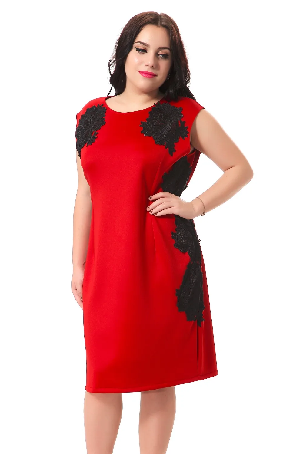 Plus Size Red Dress With Black Lace Overlays O Neck casual pencil dress