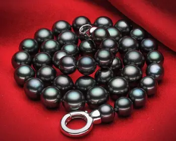 

stunning 10-11mm tahitian black blue round pearl necklace 18inch