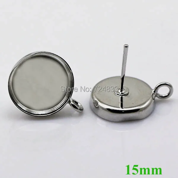 

Blank Earrings Bases w/ 15mm Round Deep Wall cups Bezel w/ a Loop Cabochon Stud Earrings post Settings Findings Rhodium tone