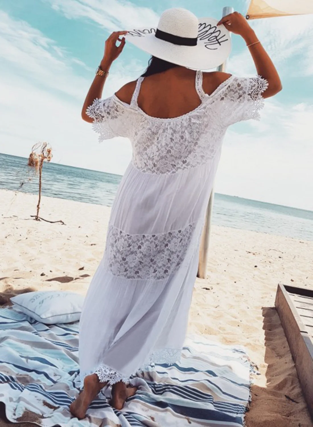 Хлопковое пляжное длинное платье, купальный костюм, кружевное пляжное парео с открытыми плечами, купальный костюм, женская одежда для плавания, Пляжная туника