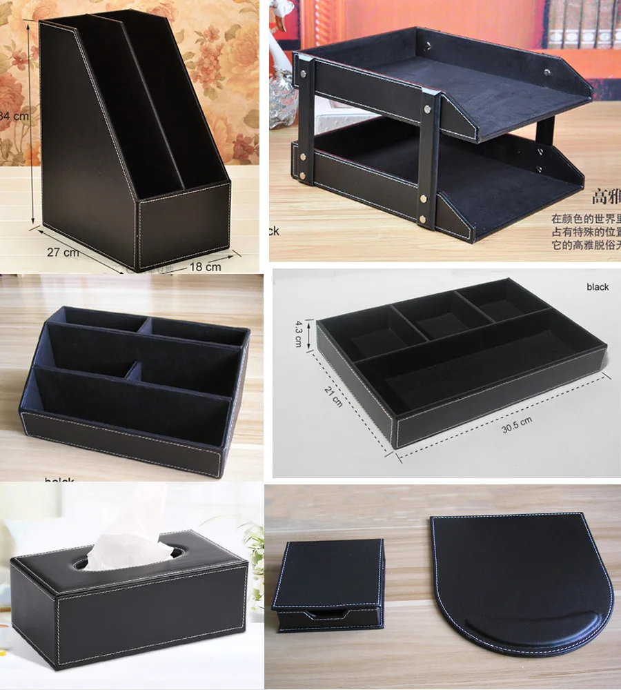 wooden leather office desk filing tray document stand stationery organizer tissue box mouse pad note case 7PCS/set brown K262