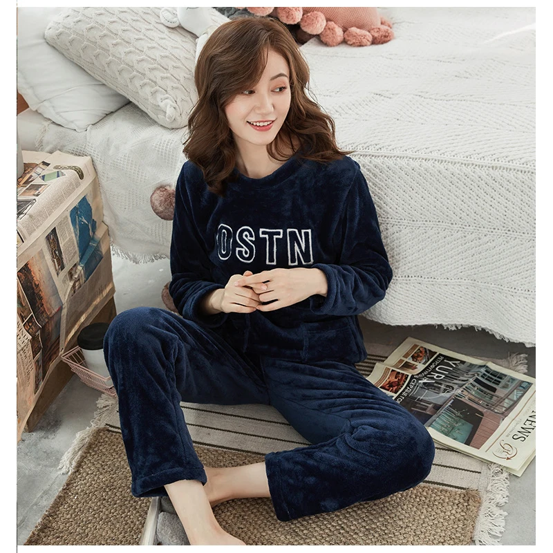 Women Sleepwear Pyjama Suit Embroidery Thick Warm Cute Sleep Pajamas Set Girls Coral Fleece Pajamas for Women Flannel Homewear