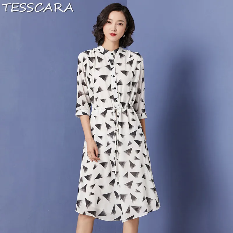 

TESSCARA Women Summer Fashion Chiffon Dress Shirt Festa Female Casual Office Robe Femme Vintage Designer Vestido Retro Sundress