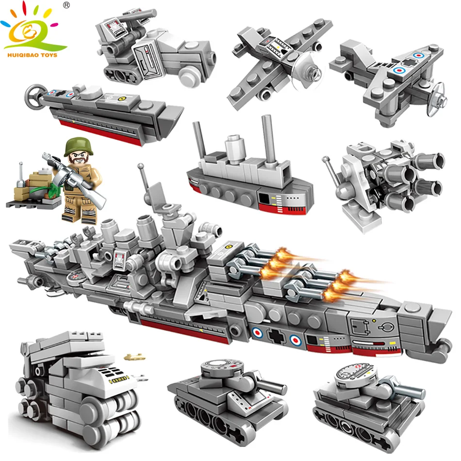 

HUIQIBAO TOYS 240PCS 10in1 Military Navy War Ship Building Blocks For Children Compatible Legoingly Army Boat Truck Weapon brick