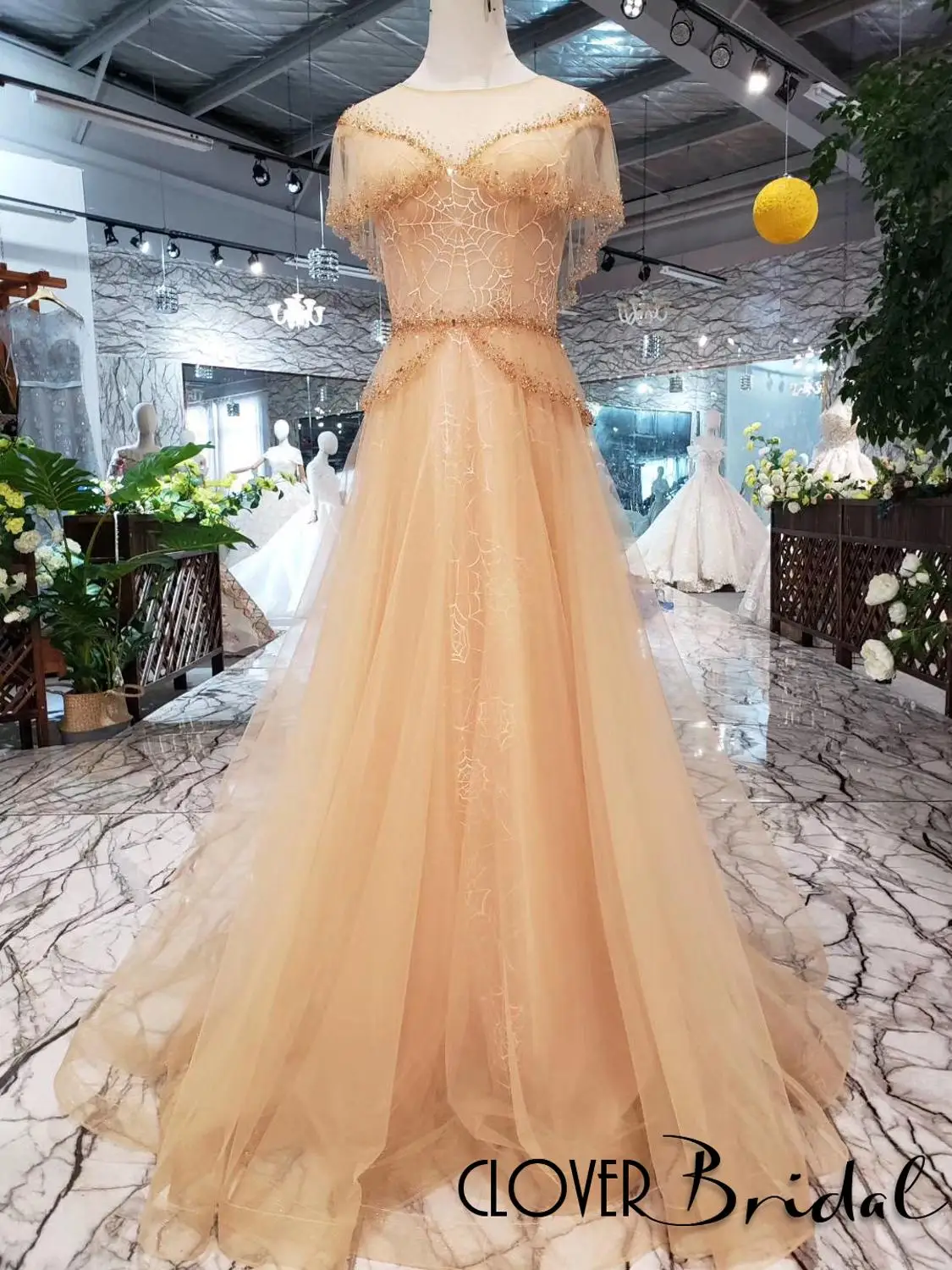 Cloverbridal High Quality 2019 Spider Web Beaded Long Tulle Nude