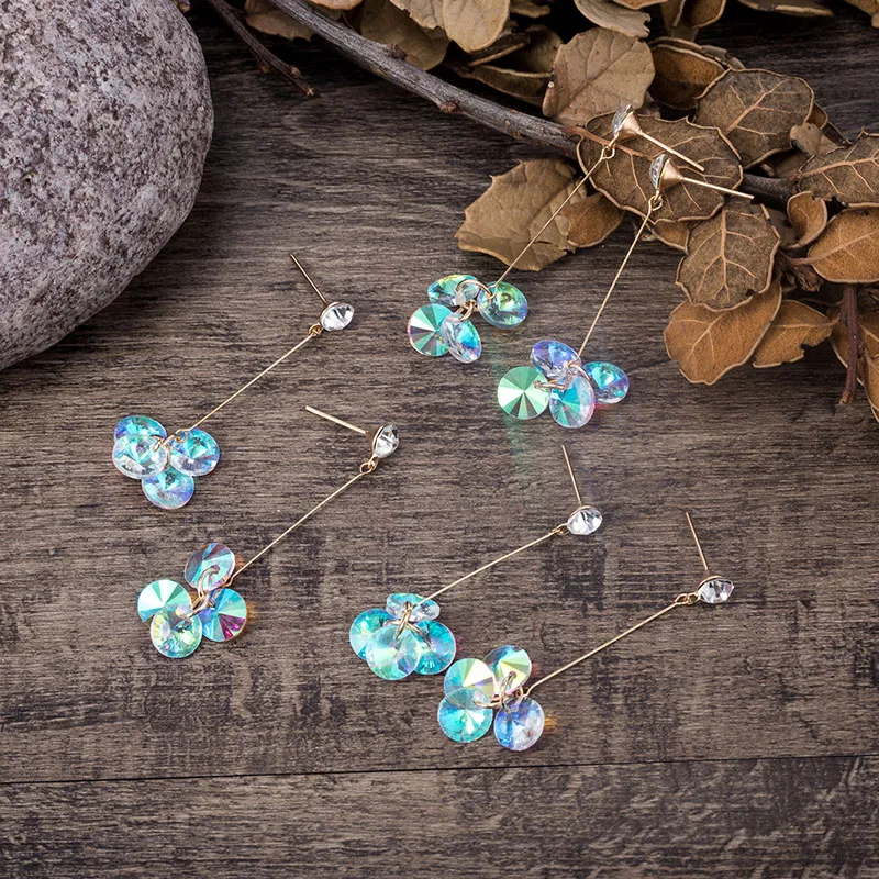 

Colorful Iridescent Crystal Dangle Earrings Silver Plated and Gold Color Trendy Women Fashion Cubic Zirconia Earrings Hanging
