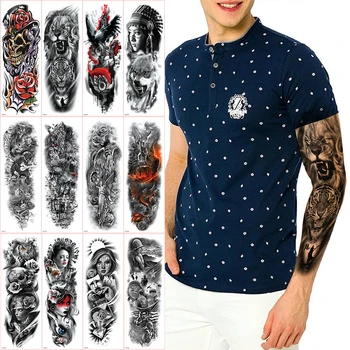 

Large Temporary Tattoo Stickers full Arm Sleeve Tattoo Sketch Lion Tiger Waterproof Wild Fierce Animal Men Birds Totem Tattoos