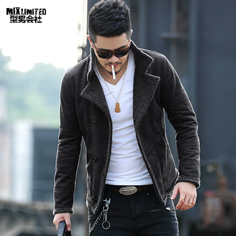 Goedkoop Herfst vintage oude lederen jas mannen wollen voering mannen warme bontkraag jas Heren Faux lederen korte jas jas F1055