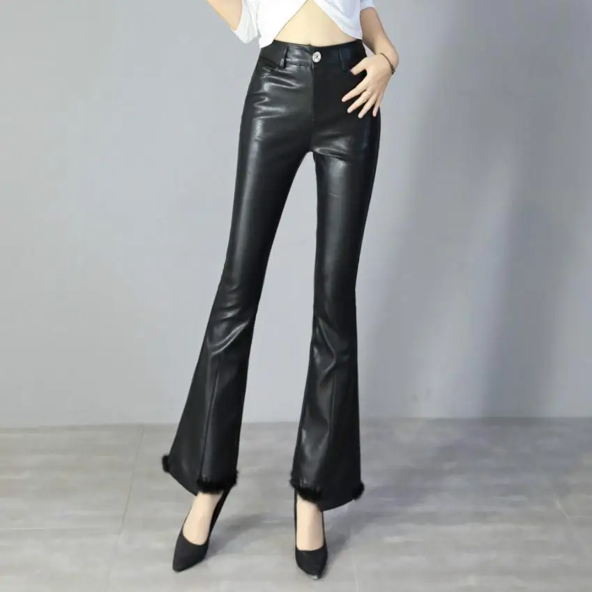 

2020 Spring fashion Motorcycle street style high-quality pu leather pants women's high waist leather PU Flare pants wj2296