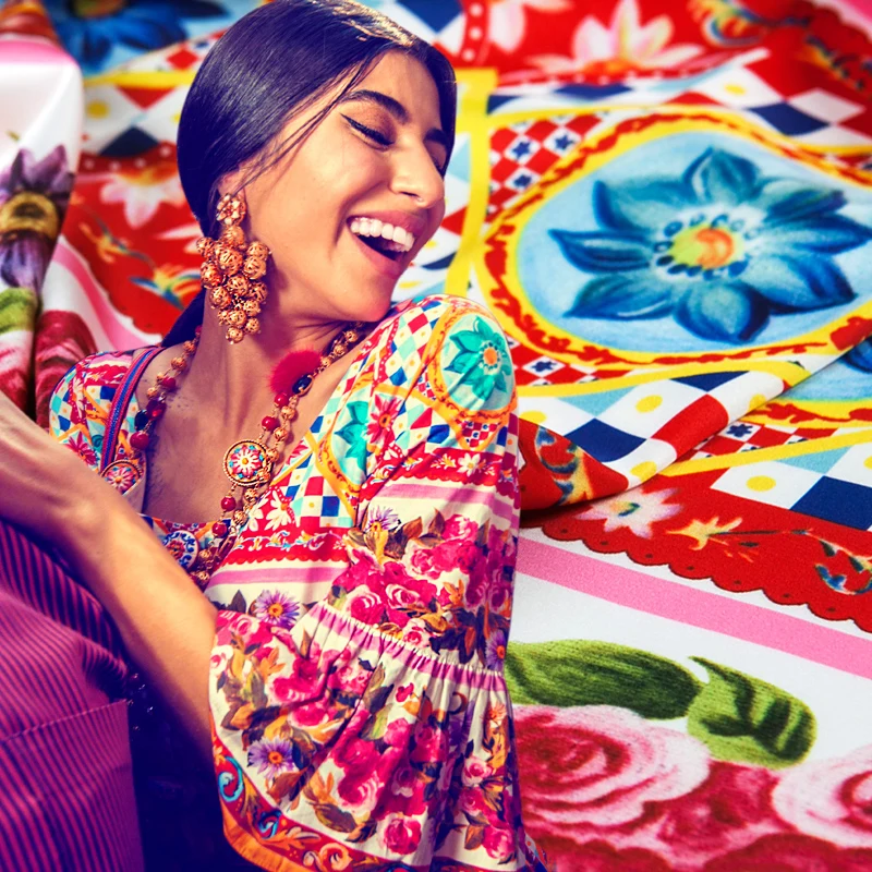 Мода Кутюр искусственный шелк атлас шифон ткань, цифровые красочные геометрические цветочные принты, гладкие, юбка шитье, ремесло поштучно