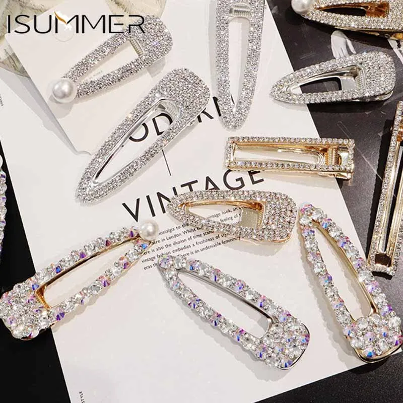 

ISummer Luxury Design Diamond Pearl Sparkling Hair Clips Square Waterdrop Women Hairpin Party Wedding Princess Hair Accessories
