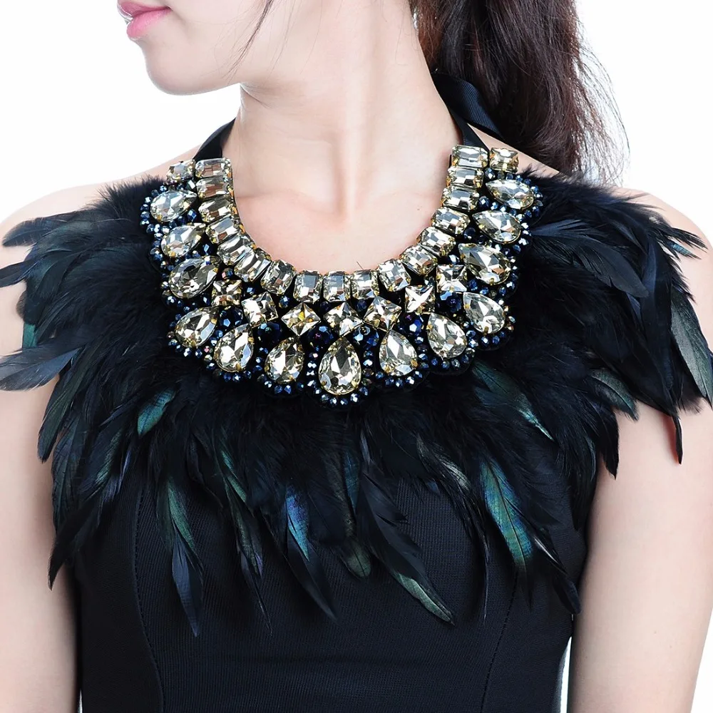 Luxury Fashion Jewelry Big Hotsale Feather Shiny Crystal Statement Bib Necklace Charm For Women