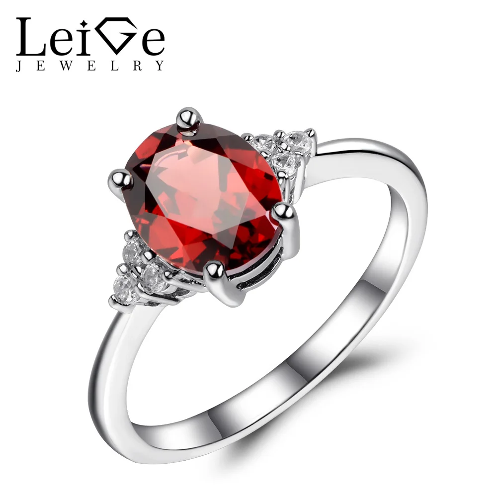 Leige Jewelry Sterling Silver 925 Garnet Ring Engagement Rings for Women Natural Red Gemstone Anniversary Gift Oval Cut