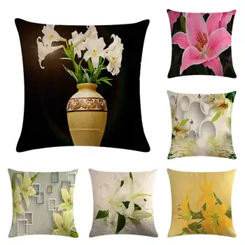 

Home Decorative Pillow High Quality print Pillowcase Lily Flower Cushion cover linen Almofada Cojines