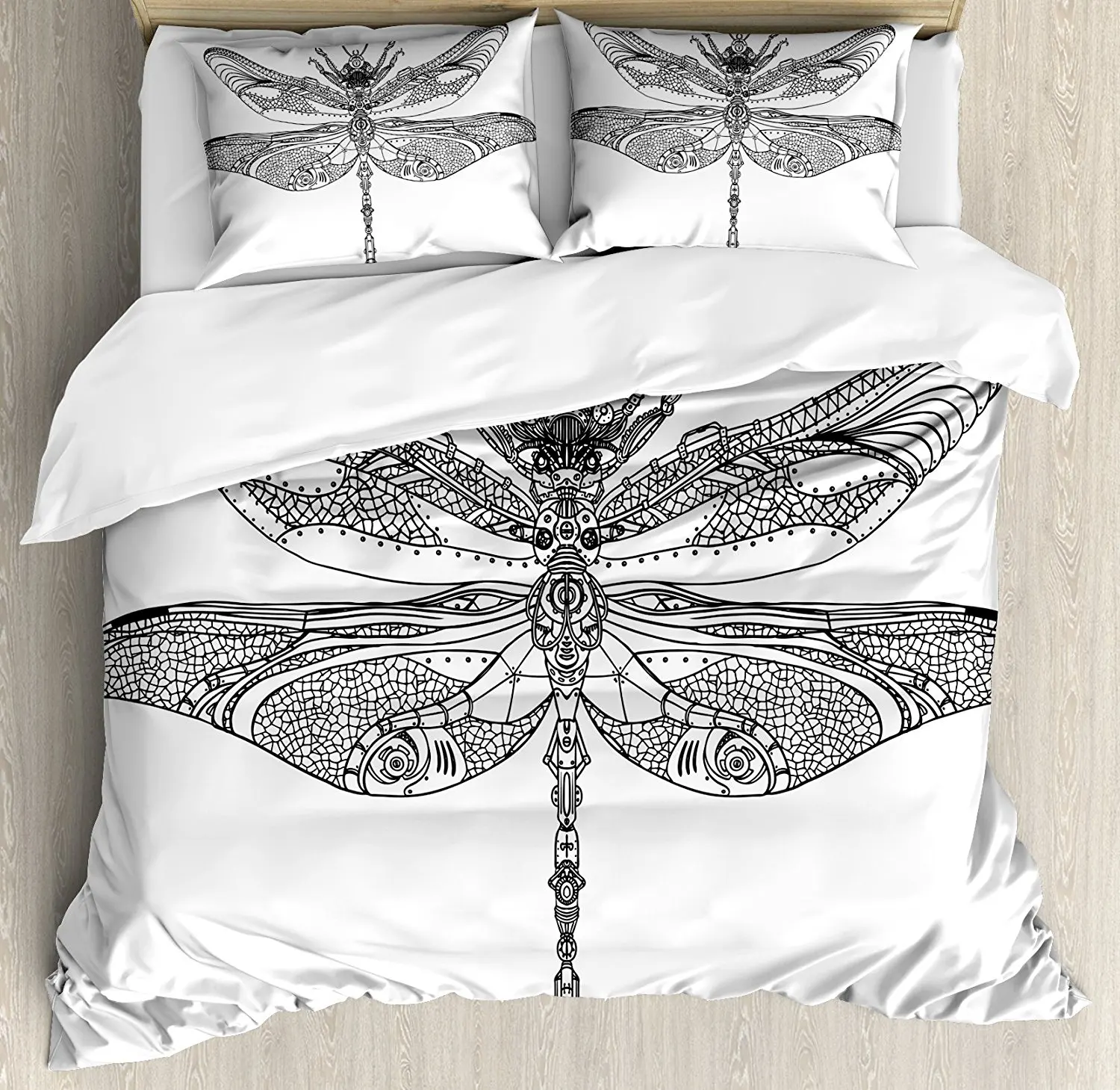 

Dragonfly Duvet Cover Set Artistic Baroque Patterned Ornamental Dragonfly Figure Old Fashion Bug Design 4 Piece Bedding Set