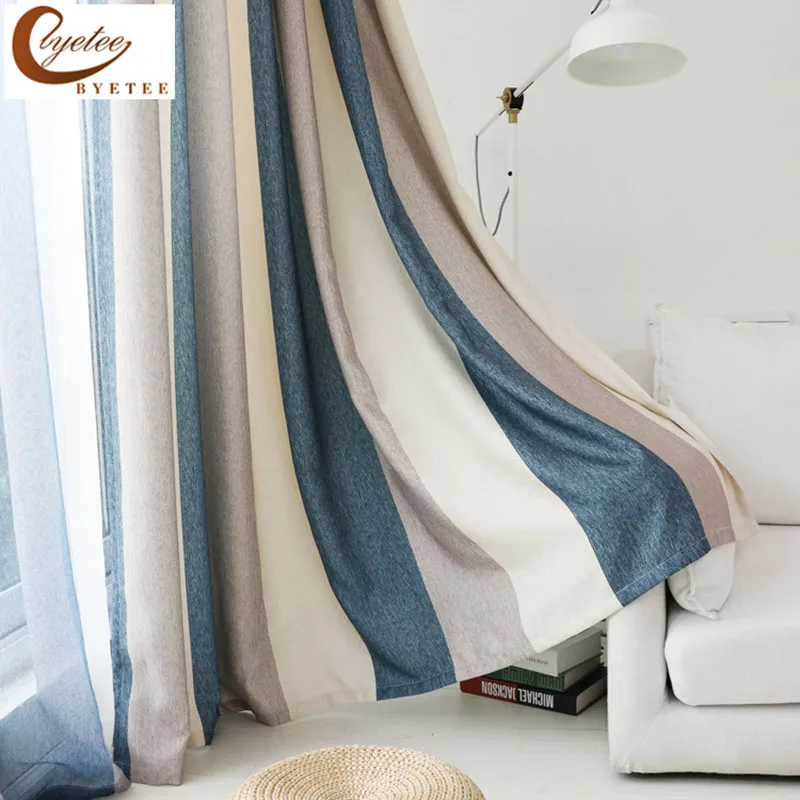 

[byetee] Korean fresh and simple Curtains For Living Room Bedroom Balcony vertical striped fabric drapes