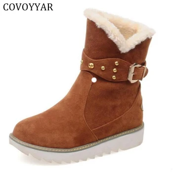 

COVOYYAR 2019 Winter Rivet Women Snow Boots Warm Fur Low Wedge Lady Ankle Boots Flock Platform Women Shoes Big Size 34-43 WBS642