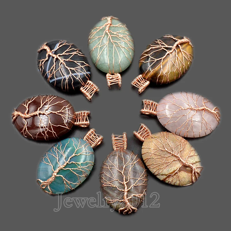

5PCS/Lot Natural New Gem stones Tree Life Rose Gold Wire Wrapped Drop Chakra Beads Pendant 30x40mm Diy Jewelry Design Wholesale