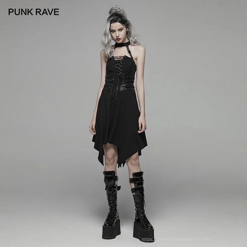 

PUNK RAVE Women's Dark Punk Rivet Asymmetry Short Dress Sexy Club Party Strap Dress Rock Motocycle Personality Women Dresses