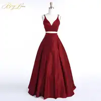BeryLove Burgundy Two Piece Evening Dress 2019 Long Dress Satin Evening Gowns Simple 2 Piece Prom vestidos Dress Real Photos