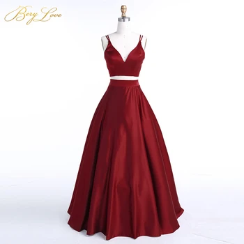 

BeryLove Burgundy Two Piece Evening Dress 2019 Long Dress Satin Evening Gowns Simple 2 Piece Prom vestidos Dress Real Photos