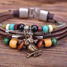 G55 Серебро Милый Кулон Сова из конопляной ткани кожи деревянные бусины браслет наручная повязка наручник новые мужские