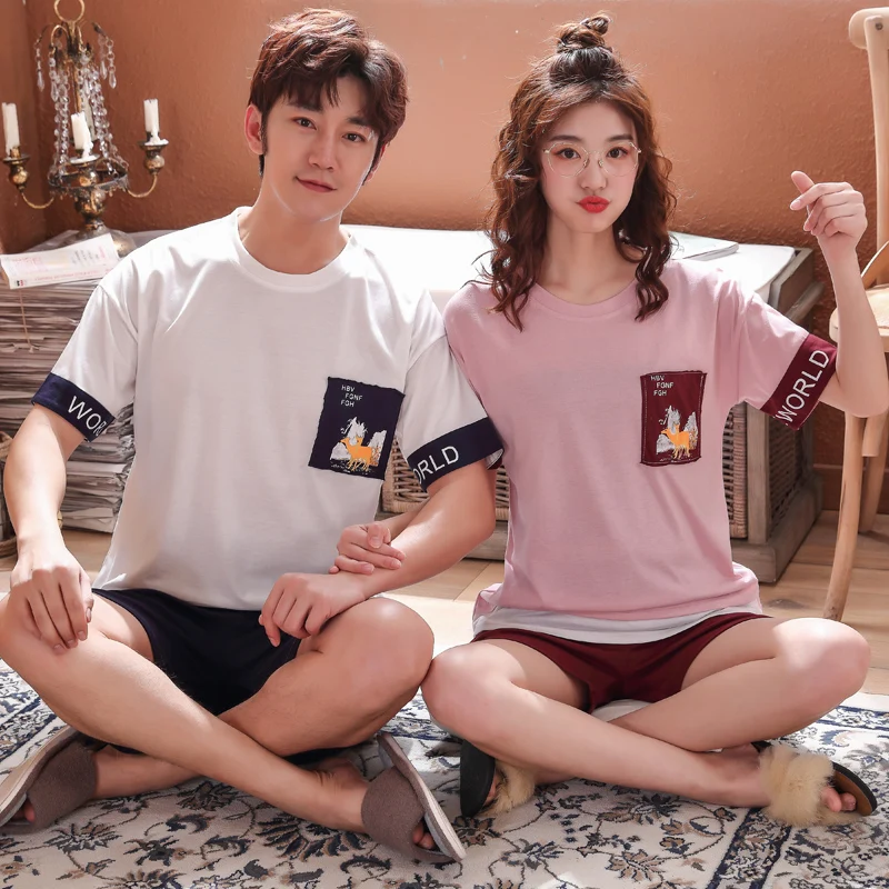

Lovers Pajamas Sets Cartoon Letter Couple Men Pajama Set Short Sleeve Woman Nightgowns Indoor Clothing Pyjamas Women Sleepwear