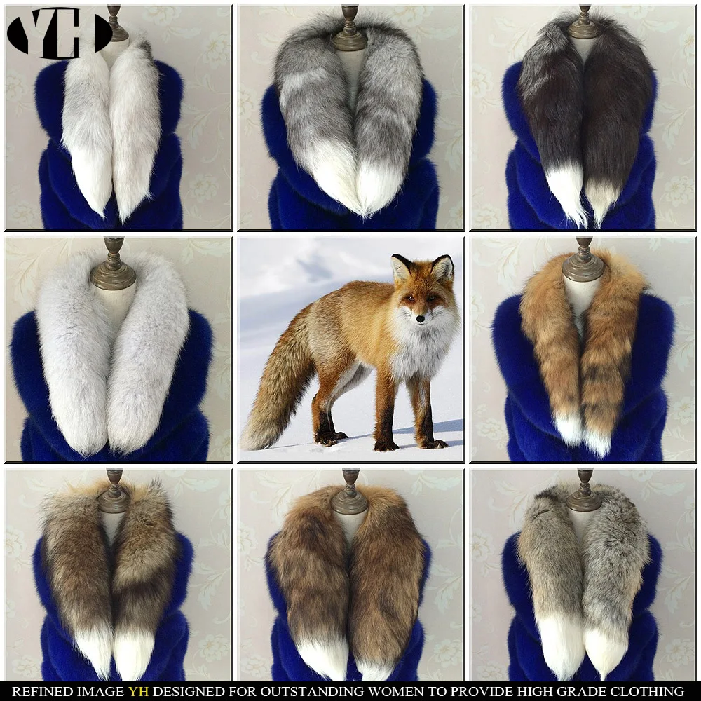 

2019 new arrive Real Fox Fur Scarf Women Winter Warm muffler 2 fox Tail patchwork Scarves Fashion fullness Collar Wraps