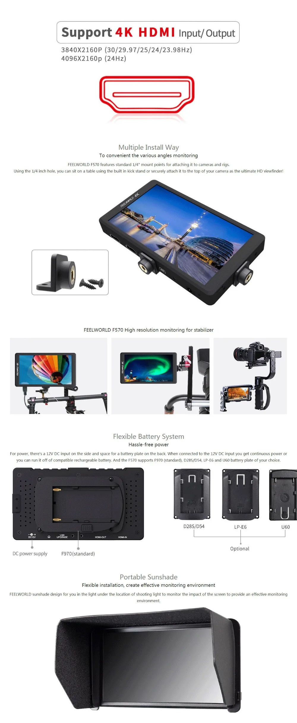 F570 5.7 4K Mini camera Monitor+HDMI Input Output IPS Full HD 1920x1080 LCD monitoring for DJI ZHIYUN Gimbal Stabilizer8