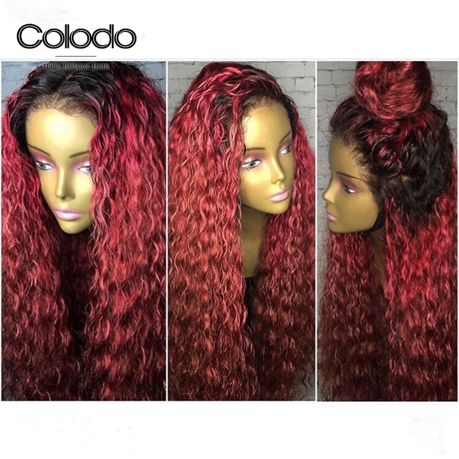 

COLODO 180density 99J Ombre Pre Plucked Lace Front Human Hair Wig with Baby Hair Water Wave Remy Hair Brazilian Lace Front Wigs