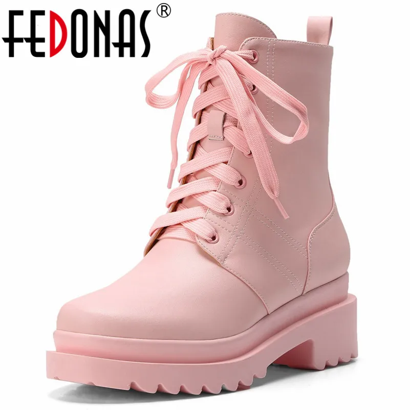 

FEDONAS Newest Women Cow Leather Ankle Boots Lace Up Autumn Winter High Heels Ladies Shoes Woman Platforms Cute Motorcycle Boots