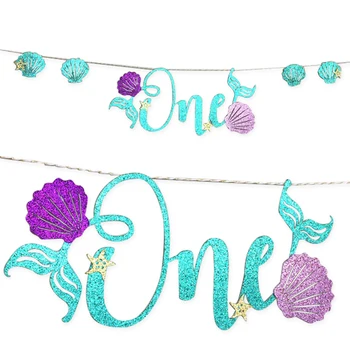 

1Pcs Mermaid Party Baby Shower Shiny Banners 2.5M ONE Letter First Birthday Party Decoration Purple Shell Flash Baptism Flag