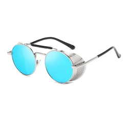 Steampunk Retro Round Metal Sunglasses with UV400 Protection (Silver IceBlue)