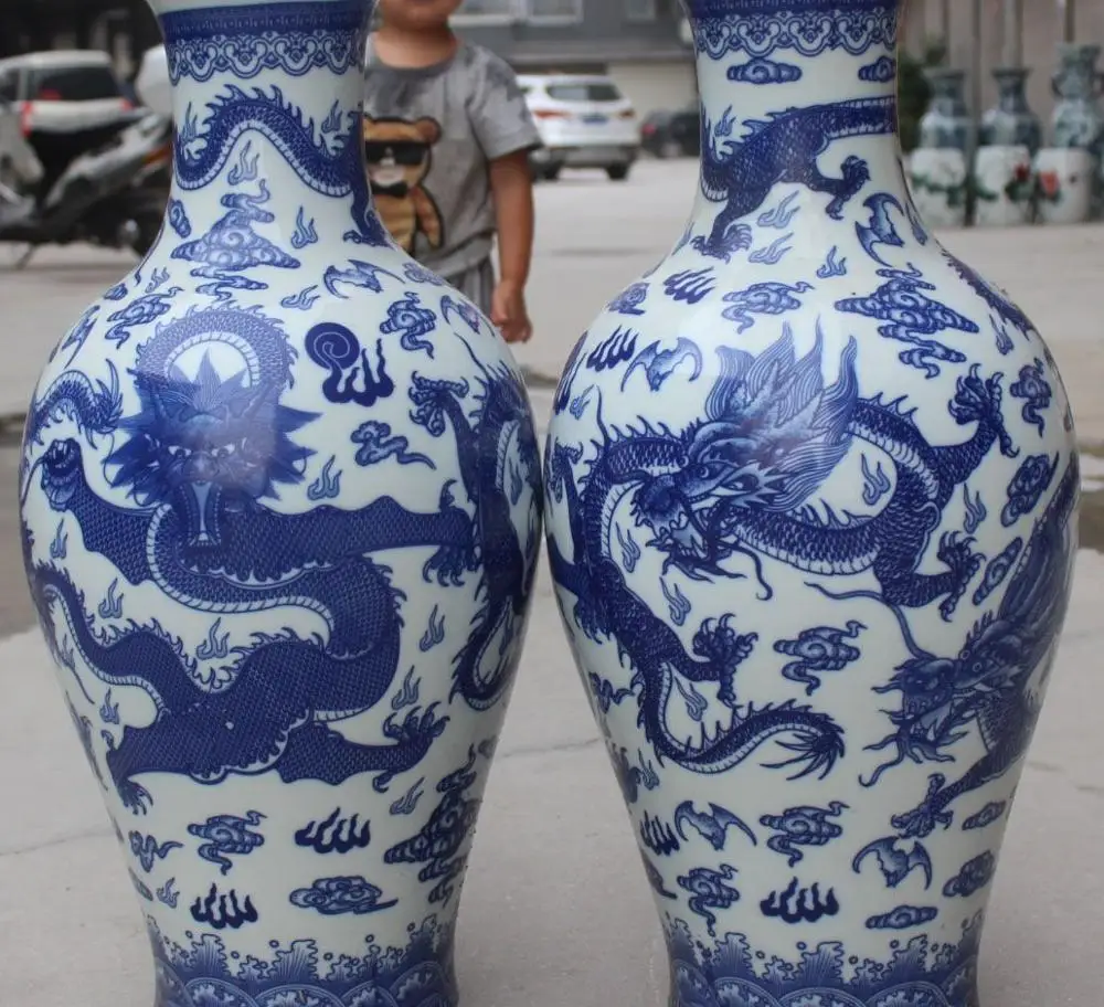 

27" Chinese Palace White Blue Porcelain Dragon Loong Play Bead Bottle Vase Pair
