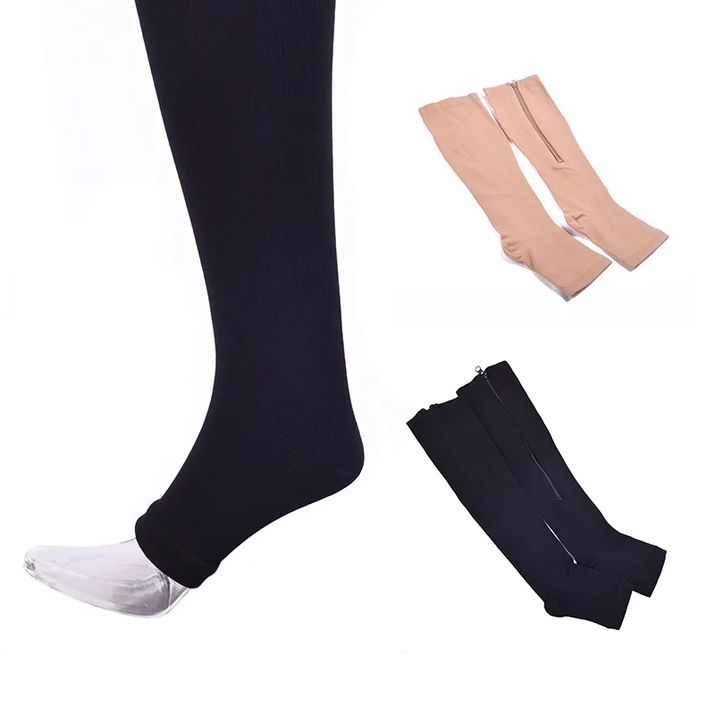 1Pair Nylon Zipper Compression Socks Leg Support Knee Socks Open Toe