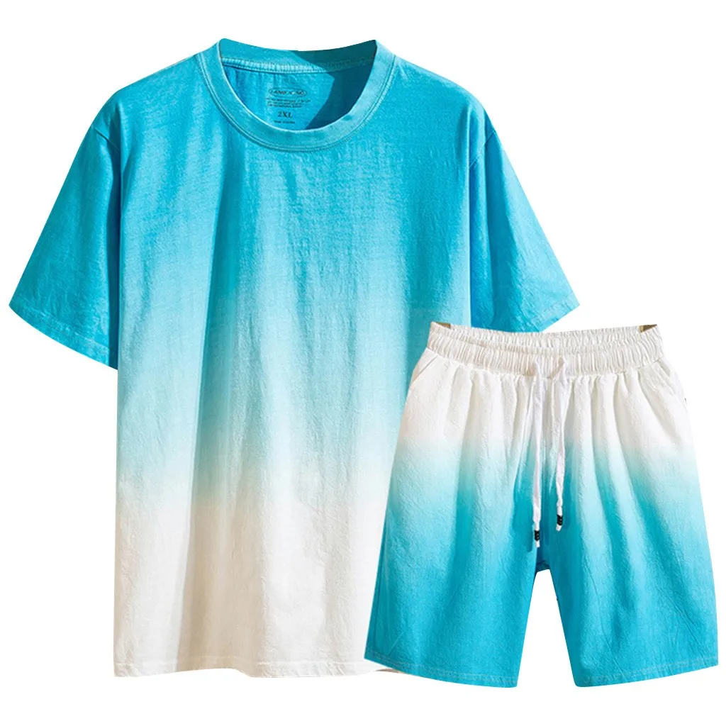 

JAYCOSIN tracksuit Men Summer New Cotton Linen Short sleeved Short Pant Fashion Gradual Color Suit jogging homme Top clothes 604