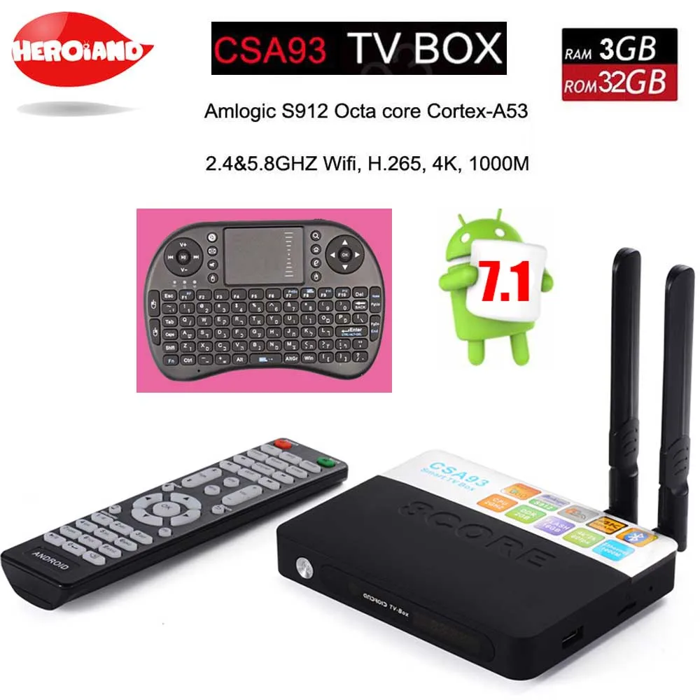 

3GB 32GB Android 7.1 smart TV Box CSA93 Amlogic S912 Octa Core Wifi BT4.0 4K 1000M LAN Streaming Smart Media Player+i8 keyboard