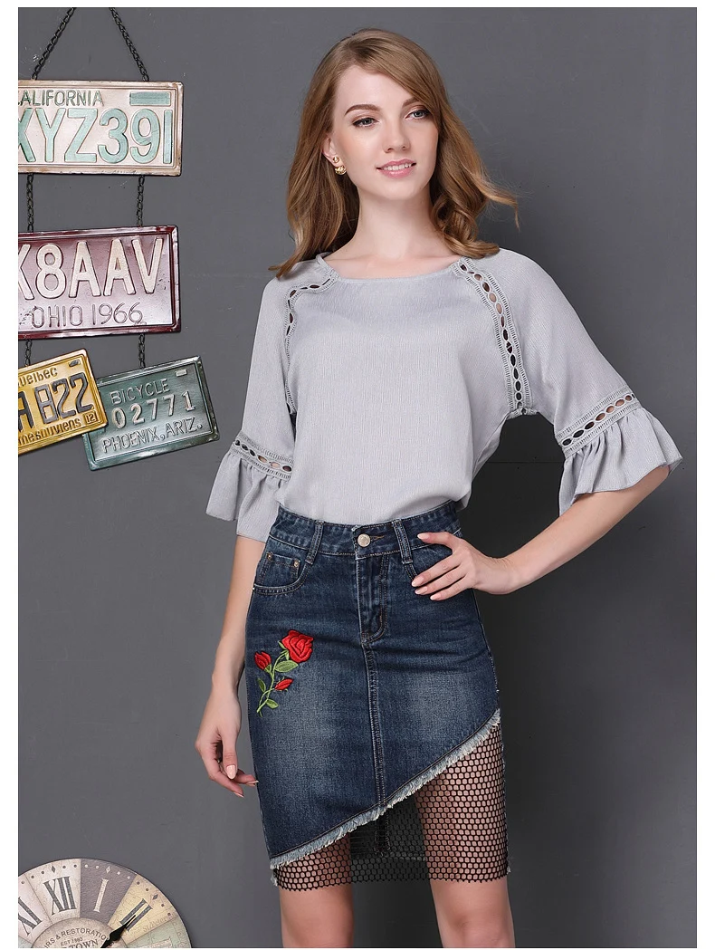 rose embroidered splicing denim skirt 2017 autumn fishing net package hip skirts large size needlework female skirts GL1050 (2)