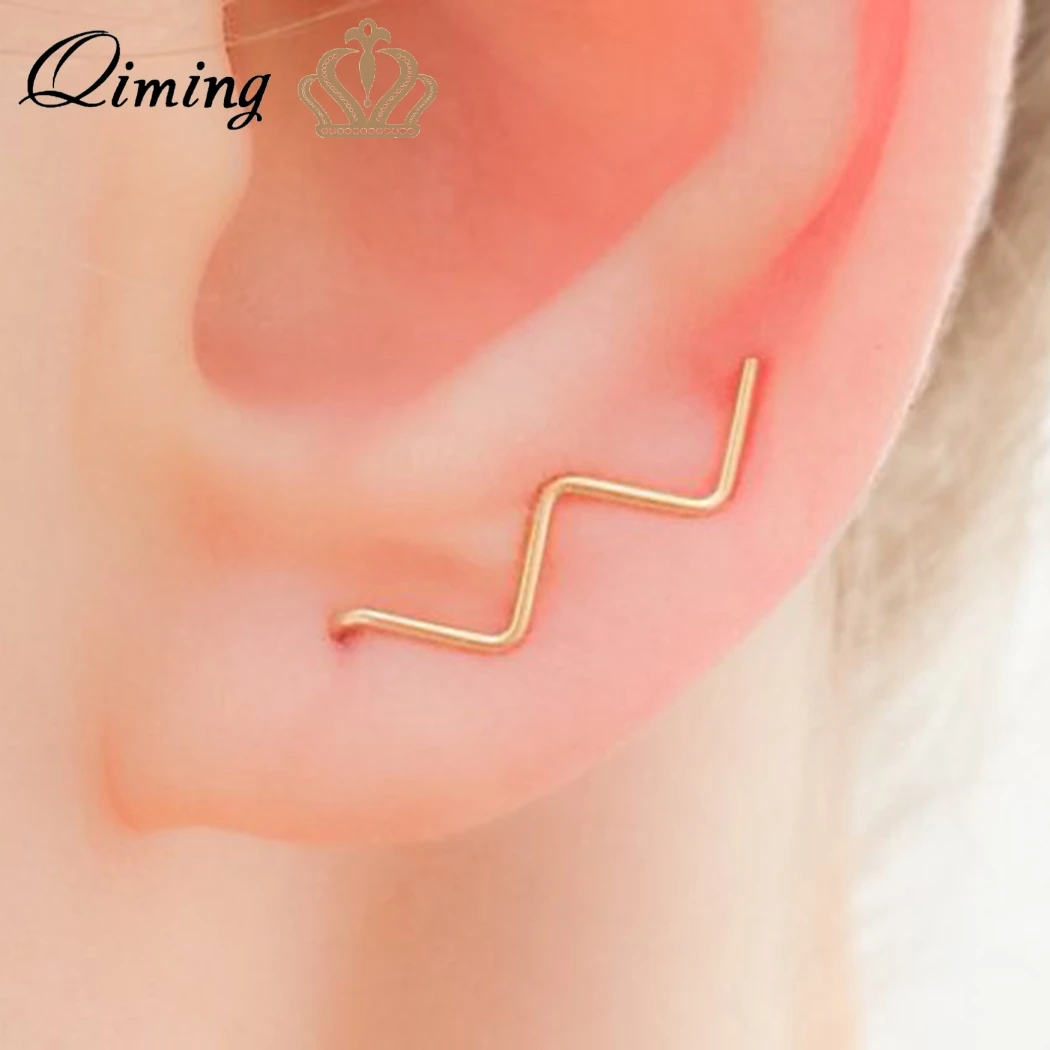 

QIMING Simple Ocean Wave Earrings Women Ear Climber Crawler Wrap Gold Earring Studs Ear Cuff Chevron Fashion Jewelry