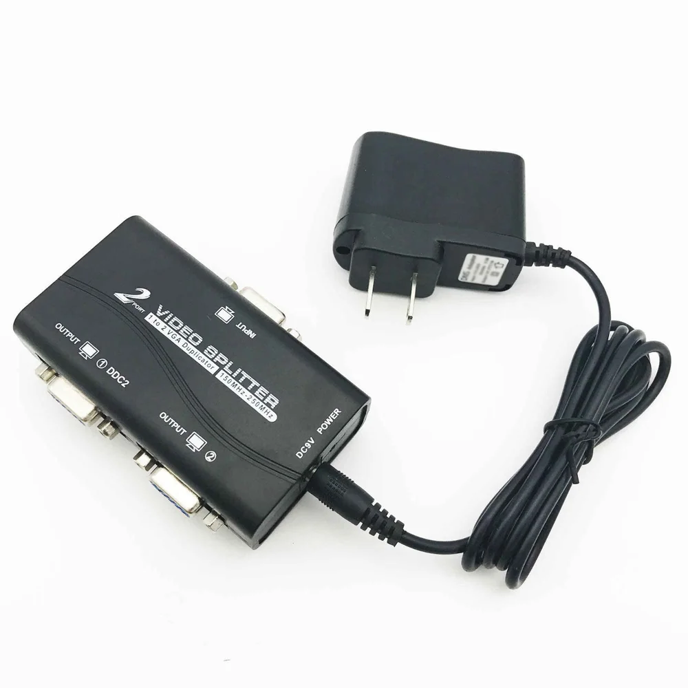 

1 in 2 out VGA Connector 1 PC to 2 Monitor 2 Port VGA SVGA Video LCD Splitter Box Adapter w/ Power Cable