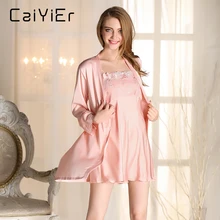Caiyier халат наборы для женщин шелковые пижамы шелковые летние женские пижамы розовое Сексуальное белье кружевные ночные рубашки наборы LLP9003