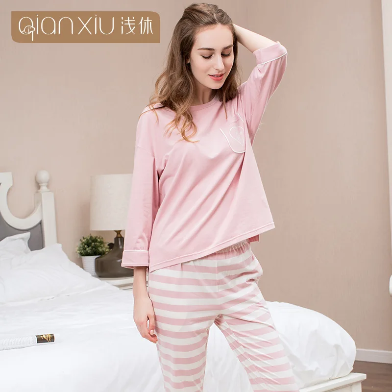 

SoftFox Women Sleepwear Autumn Winter Warm Sleepwear Ladies Pajama Suit Nightwear 2 Pieces Pajama home clothing Set For Ladies