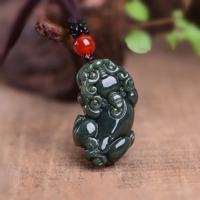 Certificate Natural Hetian Jades Pendant Hetian Dark Green Pi Yao