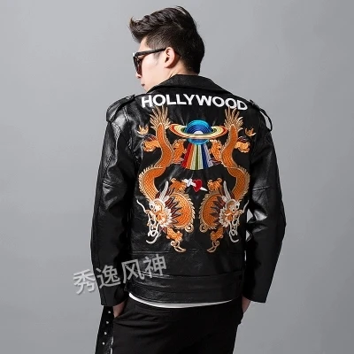 

Luxury mens black PU fabric dragon embroidery event/stage performance short fashion jacket/studio/ASIA SIZE