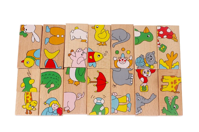 15 Pcs Wood Animal Domino Puzzle Wooden Toys for Children Jigsaw Puzzle Solitaire Game Kid's Montessori Educational Toy for Kid